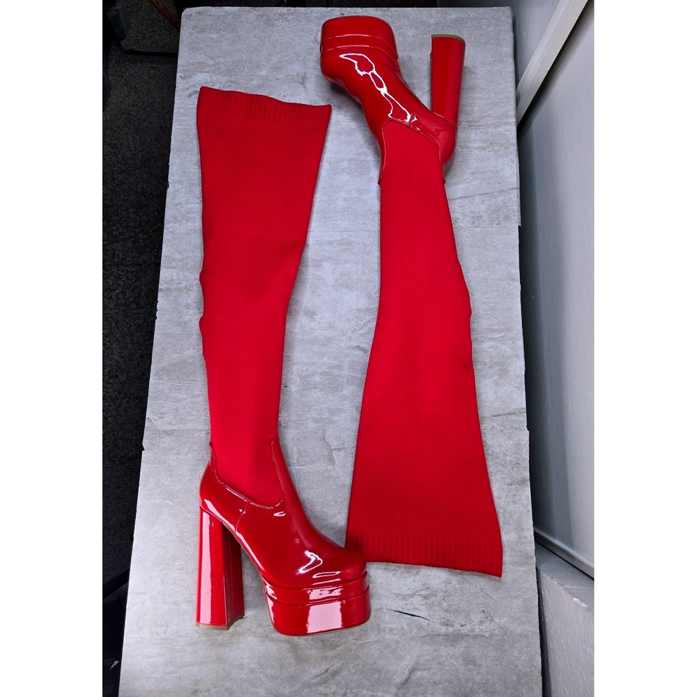 Thigh High Platform Sock Boots 10 Red Over The Knee Chunky High Heel Square Toe